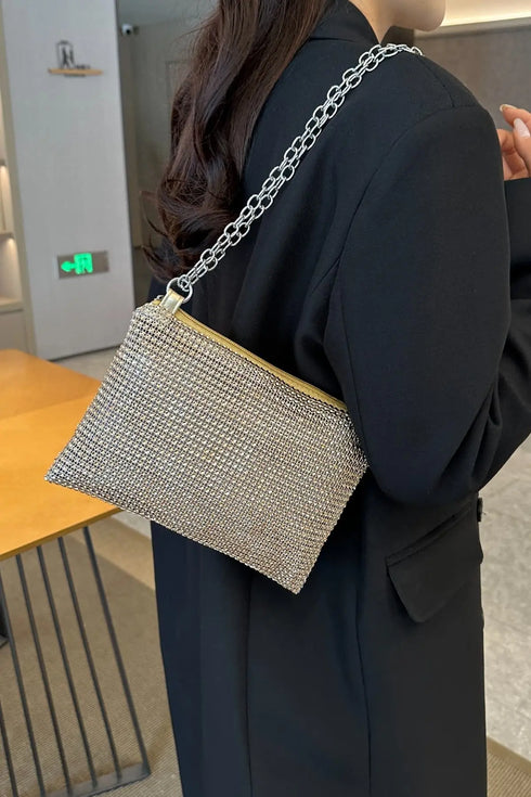 'Aya' Metal Chain Rhinestone Crossbody Bag - Celes Fashion